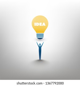 New Possibilities, Hope, Dreams - Happy Man with Arms Rised Standing Under a  Light Bulb - Business, Creativity Vector Concept