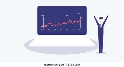 New Possibilities, Hope, Dreams - Happy Man with Arms Rised Standing Beside a Laptop Computer - Business, Creativity Vector Concept 