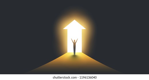 New Possibilities, Hope - Overcome Business Problems, Solution Finding,  Vector Concept - Businessman Standing in Dark, Symbol of Light at the End of the Tunnel