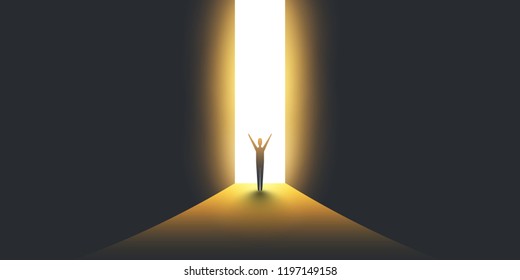 New Possibilities, Hope - Overcome Business Problems, Solution Finding,  Vector Concept - Businessman Standing in Dark, Symbol of Light at the End of the Tunnel