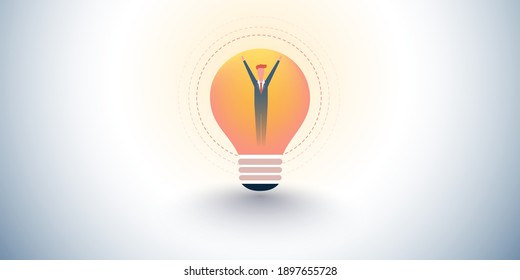 New Possibilities, Ideas, Hope, Dreams - Happy Business Man in a Light Bulb - Business, Creativity Vector Concept