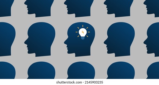 New Possibilities, Ideas - Vector Illustration of Idea Concept - Seamless Background with Lots of Blue Human Heads Pattern - Someone with a New Idea Standing Out of the Crowd - Creative Vector Design