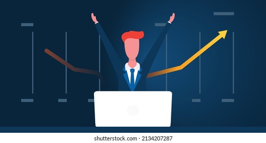 Nuevas posibilidades, ideas, esperanza, creatividad, sueños - Feliz hombre de negocios con brazos levantados sentado detrás de una computadora portátil - Diagrama que muestra crecimiento, tendencia ascendente en el fondo - Concepto de diseño de vectores