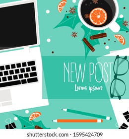 New post background for social web site. Winter poster. Workplace for business, management and IT. View from above. Vector Illustration