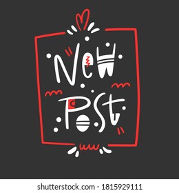 New post hand drawn modern lettering with decorative elements and square frame - Design for blog, web site, diary - Red and white on dark grey background - Vector illustration isolated