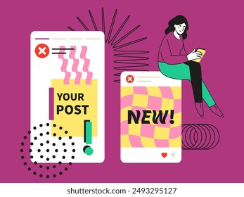 New post with important information - social media screens templates illustration. Sharing knowledge on a blog, online advertising, grab attention, man always in touch, girl with smartphone, Internet