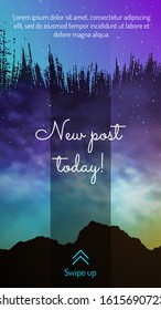 New post today mobile screen design with swipe button. Colorful deep space background with stars and nebulas. Galaxy discovery and exploration vector illustration. UI UX design for mobile application