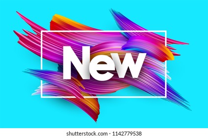 New poster with spectrum brush strokes on blue background. Colorful gradient brush design. Vector paper illustration. 

