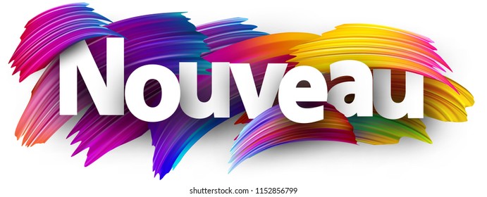 New poster with spectrum brush strokes on blue background, French. Colorful gradient brush design. Vector paper illustration. 