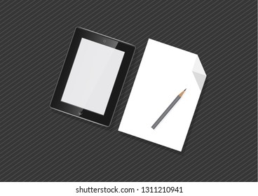 New powerful tablets, new advanced technologies are compared to ordinary paper and pencil, business device, tablet, screen, future technology with a pencil, paperless concept idea, flat vector.