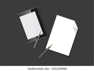 New powerful tablets, new advanced technologies are compared to ordinary paper and pencil, business device, tablet, screen, future technology with a pencil, paperless concept idea, flat vector.