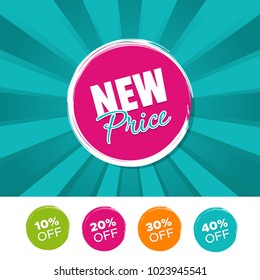New price color banner and 10%, 20%, 30% & 40% Off Marks. Vector illustration.