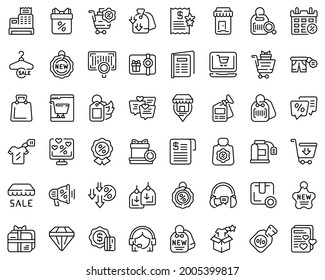 New price icons set outline vector. Sale discount. Fire new deal