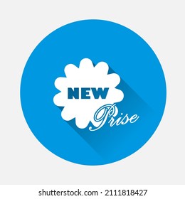 New price vector icon on blue background. Flat image with long shadow.