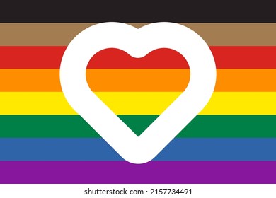 New Pride Flag With Brown And Black Stripes And White Heart Shape Icon Inside. Vector Illustration