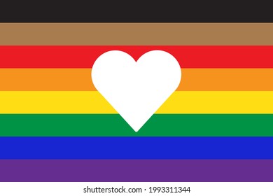 New pride flag LGBTQ with heart shape icon inside . Redesign including Black, Brown, and trans pride stripes. Flat vector illustration