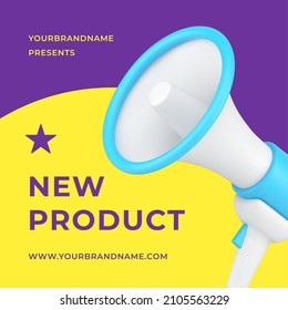 New product announce marketing advertising with megaphone 3d icon promo post vector illustration. Public advertisement campaign attention loudspeaker holiday invitation sale discount special offer