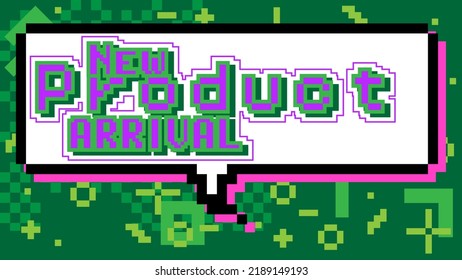 New Product Arrival. Pixelated word with geometric graphic background. Vector cartoon illustration.