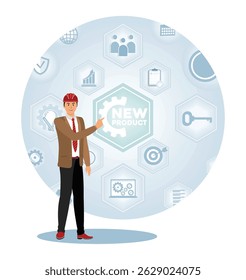 New Product Augmented Reality Business Development Concept. Businessman presenting the new product launch process in a corporate environment, symbolizing innovation, progress, and strategic planning.