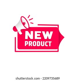 New product banner megaphone. Flat style vector design.