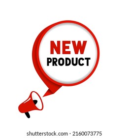 New product banner with megaphone, vector illustration speech bubble icon.