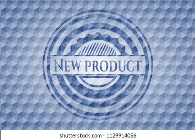 New Product blue emblem or badge with geometric pattern background.