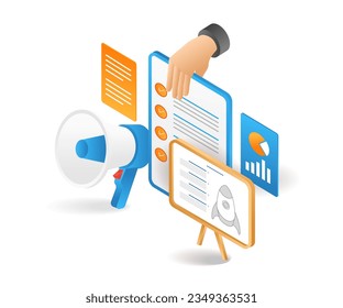 New product checklist promotions by startups isometric illustration