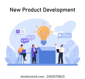 New Product Development highlighted. Team collaborates around a shining bulb, symbolizing innovation. Engaging in discussion, using technology, and gears turning. Flat vector.