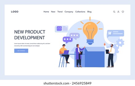 Nuevo desarrollo de productos destacado. El Equipo colabora alrededor de una bombilla brillante, simbolizando la innovación. Participar en la discusión, utilizar la tecnología y cambiar de rumbo. Vector plano.