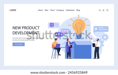 New Product Development highlighted. Team collaborates around a shining bulb, symbolizing innovation. Engaging in discussion, using technology, and gears turning. Flat vector.