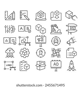 New product development icon set. Simple outline style. Product design, industry, team, accuracy, focus, billboard, business concept. Thin line symbol. Vector illustration isolated.