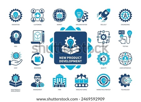 New Product Development icon set. Rollout, Design, User Experience, Manufacturing, Engineering, Idea, Distribution, Innovation. Duotone color solid icons