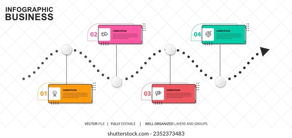 Nueva plantilla de diseño de gráficos de infografía de desarrollo de productos. Gráfico de infografías editable con iconos. Gráficos instructivos con secuencia de 4 pasos. Presentación de datos visuales.
