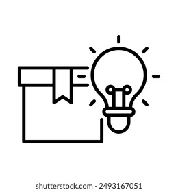 New product development. Parcel box with light bulb. Simple line icon. Isolate on white background.