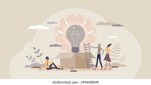 New Product Development Scene And Innovation Improvement Tiny Person Concept. Marketing And Idea Launch Management And Invention Optimization Vector Illustration. Beginning Of Advertisement Content.