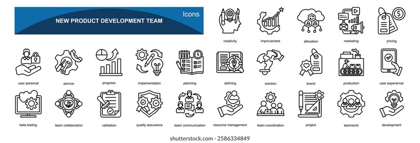 New product development team icons set with outline style 25 icons
