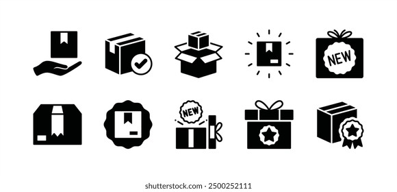 New product flat icon set. Containing package, parcel, packet, gift, delivery cardboard box, recommendation, top seller, open shipping box or unboxing, carton boxes, brand. Vector illustration