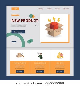 New product flat landing page website template. Package tracking, customer service, best offer. Web banner with header, content and footer. Vector illustration.