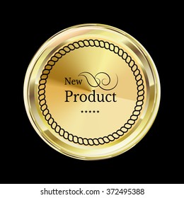 New product gold label. Reliability and comfort. Yellow emblem with reflection, glitter and shine. Vector vintage label with text on black background