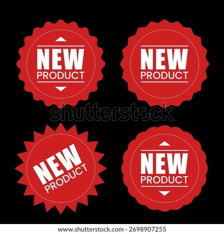 New product icon with black background, red label. Vector illustration