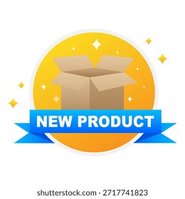 Neues Produktsymbol, Vektorbeschriftung, offene Box.Vektorgrafik