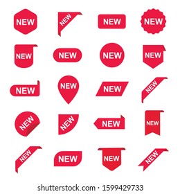 New product indication tags flat vector illustrations set. Stylized stickers and ribbons with text isolated on white background. Different red badges for new products promotion, advertising typography