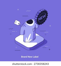New product label isometrci vector illustration. Visual concept of recent item arrival to store. Online shopping promotion, fresh inventory, retail business.
