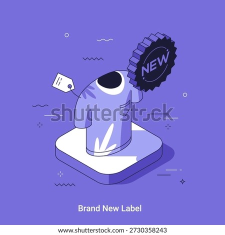 New product label isometrci vector illustration. Visual concept of recent item arrival to store. Online shopping promotion, fresh inventory, retail business.