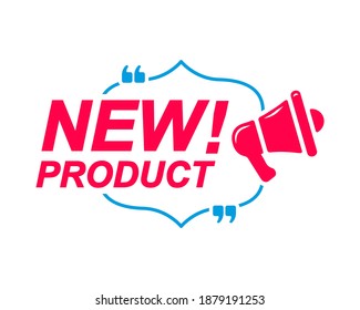 Nuevas etiquetas de producto. Burbujas de voz con un ícono de megáfono. Publicidad y sticker de marketing.