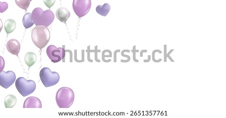 New Product Launch Filled with Love and Joy Beautifully Floating Pastel Heart and Round Balloons Purple Light Pink Mint Green White on a Clean Background Creating