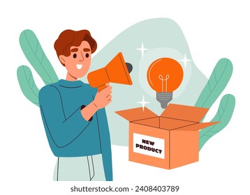 New product marketer. Man with loudspeaker near cardboard box with light bulb. Advertising and marketing on internet. Young guy presenting goods or idea. Cartoon flat vector illustration
