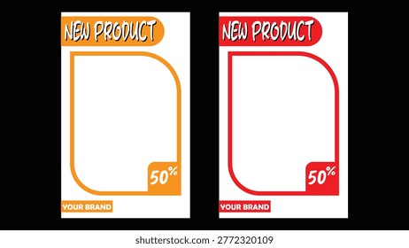 New product promotion template set with fifty percent discount tag and blank space for product image in orange and red colors