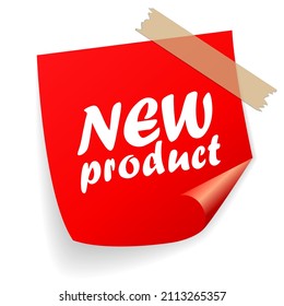 New product red note paper isolated on white background, new product placard with sticky tape