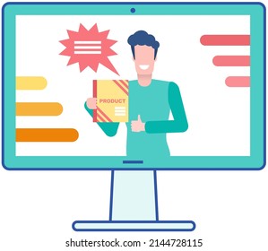 New product release advertisement on screen. Man character promoting, advertising goods for television. Video promotion and internet marketing concept. Announcement of product sale vector illustration